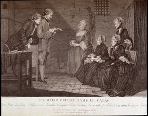 Aféra Calas: Nešťastná rodina Jeana Calase (zemřel 1762): matka, dvě dcery s Jeanne Viguierovou, jejich dobrou služebnou, syn a jeho přítel, v.1762. od French School