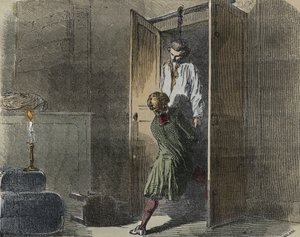 Případ Calas: 13. října 1761 byl Marc Antoine Calas nalezen oběšený v rodinném butiku v Toulouse - rytina "" Causes celebres de tous les peuples"" od Armanda Fouquiera (1817-18?) 1858-1867 - soukromá sbírka od French School