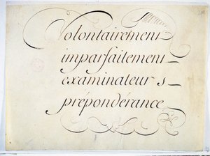 Kaligrafie: rukopisný kus kolem roku 1670 Andre Francois Roland. „záměrně, nedokonale, zkoušející, převaha““. od French School