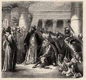 Cambyses II, vládce achajmenovských Peršanů zabíjí Apis, posvátného býka Egypťanů - Cambyses nebo Cambyse II (530-522 př. n. l.) rytina z „“ L