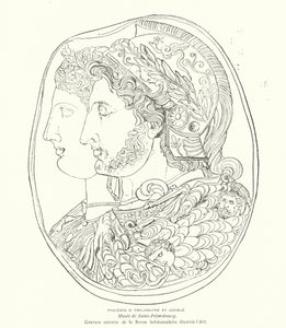 Cameo starověkého egyptského faraona Ptolemaia Philadelpha a jeho manželky Arsinoe, 3. století př. n. l. (rytina) od French School