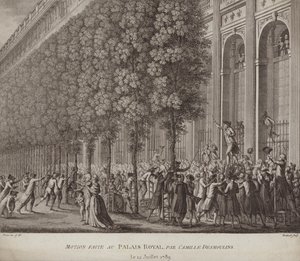 Camille Desmoulinsová doručuje výzvu do zbraně lidem v Palais Royal v Paříži od French School