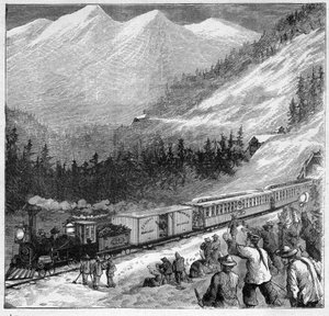 Kanadská pacifická železnice v roce 1888 - Kanadská pacifická železnice - Průjezd vlaku v Sierra Nevadě - rytina v “” Journal des Voyages”” 1888 od French School