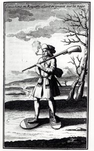 Kanaďan na sněžnicích ve válce na sněhu, z knihy Histoire de lAmerique septentrionale od Bacqueville de La Potherie (1663-1736) vydané v roce 1753. od French School