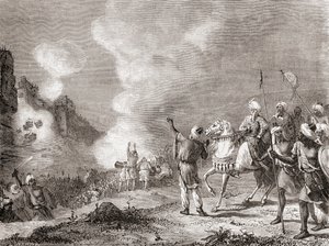 Děla používaná jako obléhací stroje sultánem Abu Yaqub Yusufem při obléhání Sijilmasy v Maroku v roce 1274, z knihy Les Merveilles de la Science, vydané kolem roku 1870 (rytina). od French School