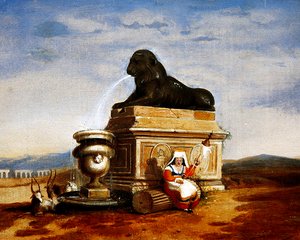 Capriccio römischer Überreste mit einer italienischen Bäuerin beim Spinnen, ca. 1825