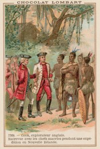 Setkání kapitána Jamese Cooka s maorskými náčelníky na Novém Zélandu, 1769 od French School