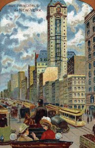 Automobilový provoz na Broadwayi, Main Street of New York (New York) (Dopravní zácpa na Broadway Avenue, Manhattan) Chromolitografická soukromá sbírka 19. století od French School