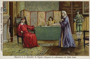 Kardinál Mazarin a kancléř Seguier při přípravě nařízení Code Louis od French School