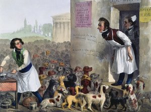 Karikatura Pařížanů zabývajících se vzteklými psy, kolem roku 1840