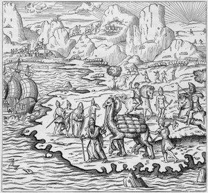 Přeprava zboží velbloudem pro nakládání lodí opouštějících řeckou přepážku v Alexandrii do Evropy. Rytina v „La Marine et les colonies: commerce“ od French School
