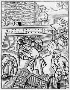 Nosiči sena ve středověku. Rytina v „La Marine et les colonies: commerce“ od French School