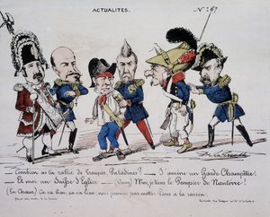Karikatura o Komuně "" Zprávy - Kolik vojáků jste shromáždil, Paladine? - Přivedu venkovskou stráž. A já jsem švýcarská církev. - (Vinoy) Držím hasiče z Nanterre - (v srdci) To je v pořádku, to je v pořádku, konečně uvedeme Paris k rozumu. od French School
