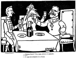 Karikatura německého vojáka a jeho otce se satirickou narážkou na německou katastrofu na Marně, z aprílového vydání časopisu La Baionette, 29. března 19. století od French School