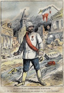 Karikatura o veliteli Jean-Baptiste (Jean Baptiste) Marchandovi (1863-1934), v Toulonu, vracející se z průzkumné mise (1896-1899) v Africe. Rytina v “” Le Pelerin”” 4/06/1899. od French School