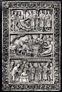 Vyřezávaná deska na přebal knihy zobrazující výjevy ze života sv. Remigia (asi 437-533) a křest Chlodvíka I. (465-511) od French School
