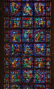 Katedrála v Chartres, vitráže: život svatého Fulberta, předvečer Chartres v detailu XI století od French School