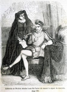 Kateřina de Medici (Caterina de Medici) slzí od svého syna (Karel IX.) příkaz dát znamení masakru svatého Bartoloměje v roce 1572 - v „Histoire de France“ od L.-P. Anquetil od French School