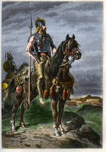 Cavalier Gaulois – Galové na koních ve starověké římské říši – rytina z „“ Historie Francie vyprávěná mým vnoučatům“ – od Francoise Guizota – 1872-1876 od French School