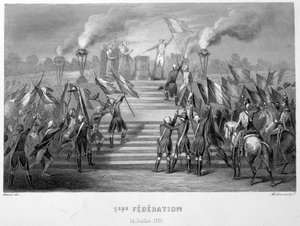 Oslava 1. národní federace dne 14. července 1790 na Oltáři vlasti v Champs-de-Mars, u příležitosti 1. výročí dobytí Bastily - ve „Fasttes de Gardes nationales de France““ od French School