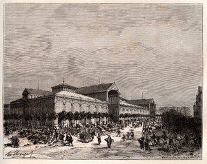 Centrální haly v Paříži v 19. století – rytina „La France illustree: geographie, histoire, Administration statistique“ od V.A. Sladově hnědá. 1884 od French School