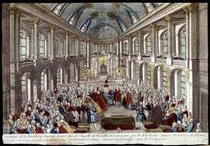 Obřad svatebního požehnání, které udělili ve Versailleské kapli 16. května 1770 Louis Auguste, delfín z Francie (Louis XVI.), a Marie Antoinetta z Rakouska - rytina od French School