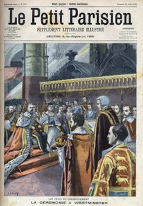 Ceremoniál korunovace ve Westminsteru: Král Edward VII (1841-1910) a Alexandra Dánská (1844-1925), v „Le petit Parisien““ od French School