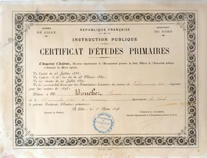 Vysvědčení o základním vzdělání, Academie de Lille, 1898 (inkoust na papíře) od French School