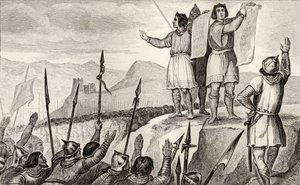 Karel II. (823-77) Holý a jeho bratr Ludvík Němec uzavírají smlouvu ve Štrasburku v roce 842, z Colartovy knihy "Histoire de France", vydané kolem roku 1840. od French School