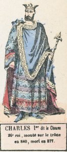 Karel I. zvaný Plešatý, 26. král, nastoupil na trůn roku 840, zemřel roku 877 (barevná rytina) od French School
