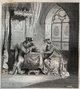 Charles VI (1380-1422) a Odette de Champdivers - francouzský král Karel VI., známý jako Charles the Good Aime, poté Charles the Fol (1368-1422) se svou milenkou Odinette (Odette) de Champdivers (asi 1390-kolem 1425) hrací karty rytina v „Paris a t od French School