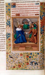 Karel VI. a Jindřich V. podepisují „Trójskou smlouvu“ v roce 1420, ilustrace z „Chroniques de Monstrelet“ od French School
