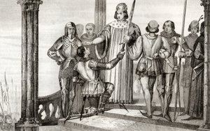 Karel V. (1358-80) Moudrý předkládá Duguesdinovi svůj meč z „Histoire de France“ od Colarta, vydaného kolem roku 1840 od French School
