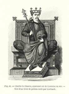 Karel Plešatý, korunovaný králem Lotrinska v roce 860, Z modlitební knihy napsané Liuthardem (rytina) od French School