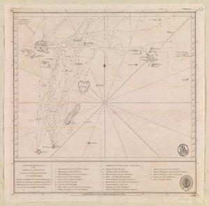 Mapa souostroví na sever od Mauricia, kterou v roce 1776 sestavil M le Victe Grenier, poručík francouzského námořnictva [zahrnuje Seychely, nejjižnější Maledivy, skupinu Mauricius a souostroví Chagos]. od French School