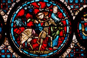 Katedrála v Chartres, vitrážové okno s kruhovou vitráží Dobrý Samaritán od French School