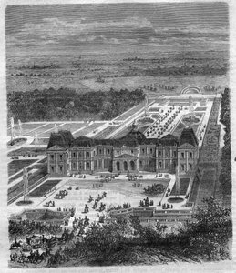Chateau de Vaux Le Vicomte (Vaux-Le-Vicomte) od Nicolase Fouqueta (1615-1680), vikomta de Melun a de Vaux superintendenta financí Ludvíka XIV. Rytina v „Historie papežů-králů-královen a císařů v průběhu staletí““ od Maurice Lachatre od French School