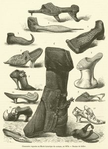 Boty vystavené v Muzeu historických kostýmů v roce 1874 (rytina) od French School