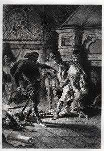 Childebert I. (c498-558) při vraždě dědiců svých bratrů en 526 - Childebert I. nechal Clotaire (Clothaire) zmasakrovat děti jejich bratra Clodomira, krále Orleans, jehož státy sdílejí, 526 - rytina z „“ L