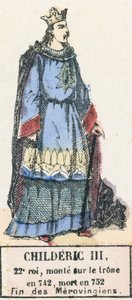 Childeric III., 22. král, nastoupil na trůn v roce 742, zemřel v roce 752, Konec Merovejců (barevná rytina) od French School