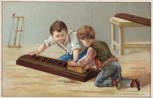 Děti staví velkou dřevěnou čokoládovou tyčinku, reklama na čokoládu Suchard