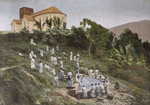 Děti v Nové Kaledonii odvedené do umývárny Misionářskými sestrami, vyryto Gillotem, konec 19. století od French School