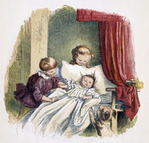 Děti si hrají s panenkou v dětských hrách „Schnick, schnack, drobnosti pro nejmenší“. vyd. Londýn – Georges Ronthedge a synové. New York, Široká cesta Ludgate n.d. C. 1890. od French School