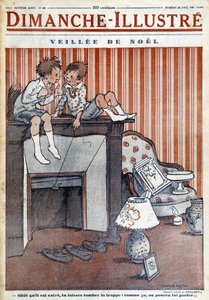 Děti sedící na komíně a chystající past na Ježíška, pro vánoční noviny "Le Dimanche illustrious" z roku 1930 (rytina). od French School