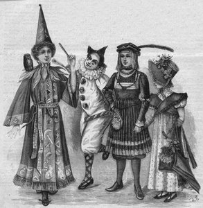 Dětské oblečení: kostýmy čarodějnic, klaun, stránka a „Impérium“. Rytina v „La gazette du dimanche““ z 23. ledna 1896. od French School