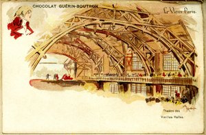 Čokoládová chromolitografie Čokolády Guerina Boutrona, STARÁ PAŘÍŽ, Théâtre des Vieilles halles od French School