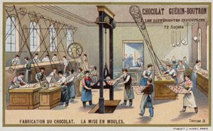 Výroba čokolády. Vkládání čokolády do formiček (chromolitho) od French School