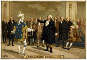 Chromolitografie představující Honore Gabriel (Honore-Gabriel) Riqueti, hrabě z Mirabeau (1749-1791) v Národním shromáždění dne 23. od French School