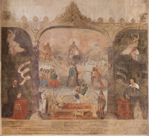 Kostel (kostel sv. Jana Křtitele). Interiér. Kaple Saint-Fursy. Nástěnné malby. Oslava Marie (freska známá jako dobrá smrt). Začátek 17. století. od French School