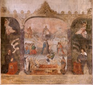 Kostel (kostel sv. Jana Křtitele). Interiér. Kaple Saint-Fursy. Nástěnné malby. Oslava Marie (freska známá jako dobrá smrt). Začátek 17. století. od French School